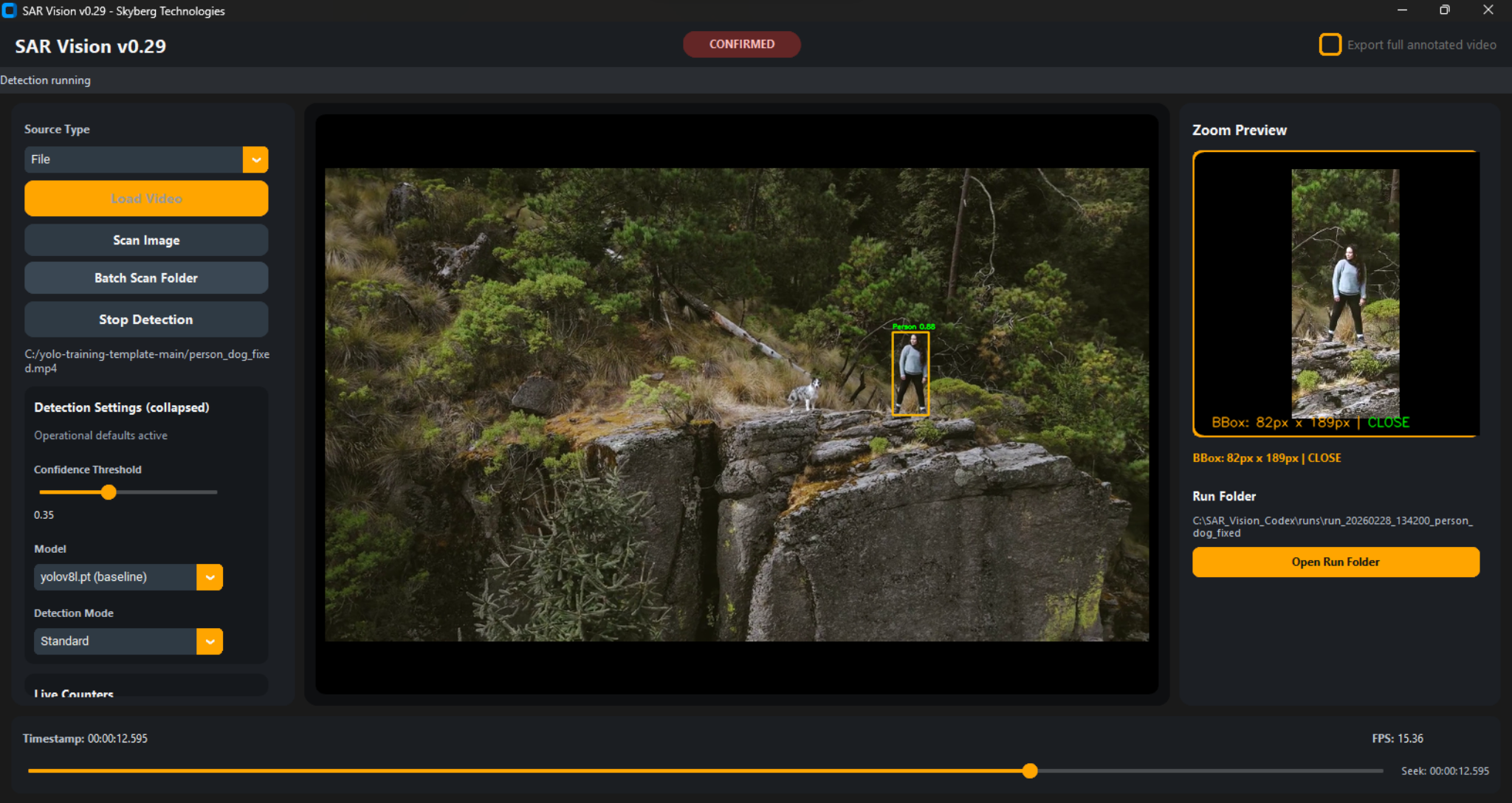 SAR Vision v0.42 — detection interface showing real-time person detection on aerial footage